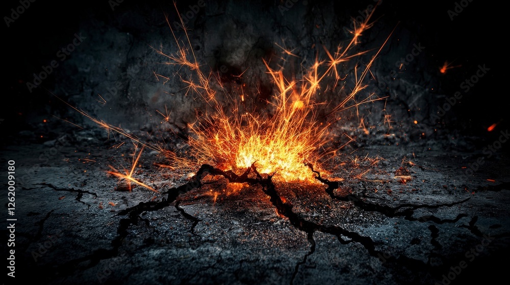 Poster bright orange sparks erupt from cracks in dark concrete industrial setting abstract imagery dynamic 