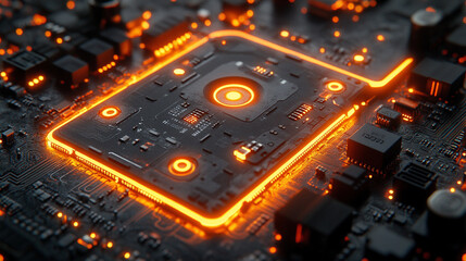 A processor chip symbolizes innovation and computational power, representing the heart of modern technology. The image conveys speed, intelligence, and progress with a futuristic and sleek aesthetic.
