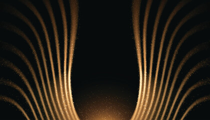 Golden light wings on black background. Vector realistic illustration of sparkling yellow dot lines in shape of angel or bird wing, premium award ceremony or luxury product presentation backdrop