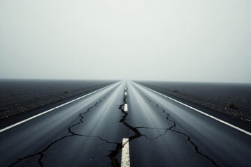 A solitary highway stretches into a dense fog, its cracked asphalt reflecting the somber mood of the atmosphere.