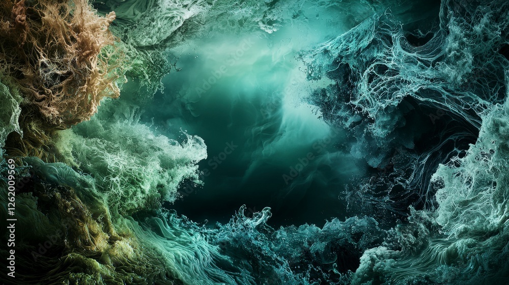 Poster Abstract digital artwork emerald waves curling through surreal cosmic spaces in close-up