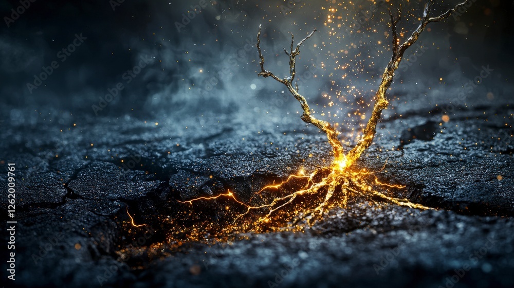 Poster golden specks emerge from reality's cracks enchanted landscape digital art mystical environment clos