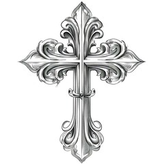 Ornate Detailed Religious Cross Design Elegant Silver Gray Monochrome Sketch Graphic Art Print Tattoo Inspiration Christian Faith Symbol Vintage Style