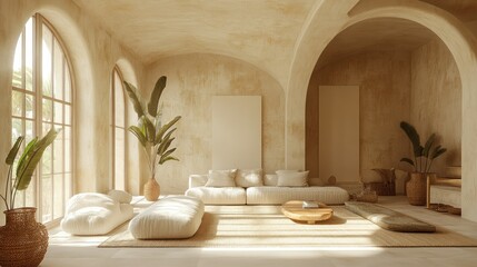 Sunlit Mediterranean living room, minimalist design, arched windows, serene oasis, interior design mockup