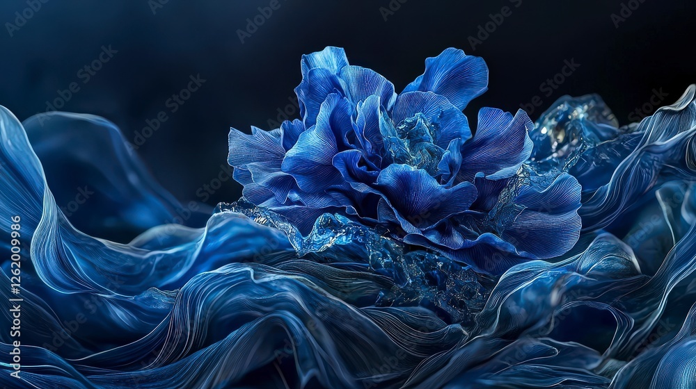 Poster indigo waves pulse vibrant flower in abstract design digital art dark background artistic viewpoint