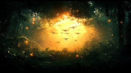 Swarm of insects flies into jungle sunset