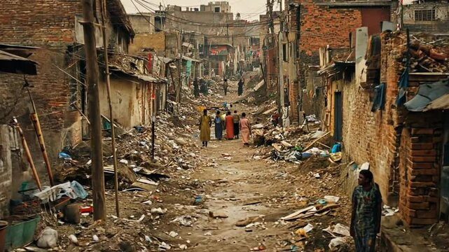 A Glimpse into Urban Poverty: A Desolate Alleyway in an Overcrowded Slums