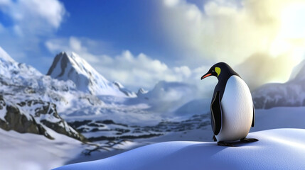 Fototapeta premium A charming penguin stands on a snowy landscape, perfect for Linux enthusiasts' wallpaper with a touch of nature and technology