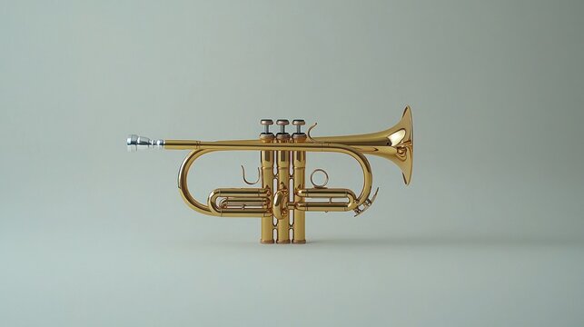 Gold trumpet studio shot, neutral background, musical instrument, website design