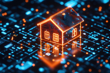 Obraz premium A glowing digital house model on a blue circuit board background, symbolizing smart technology and connectivity in modern homes.