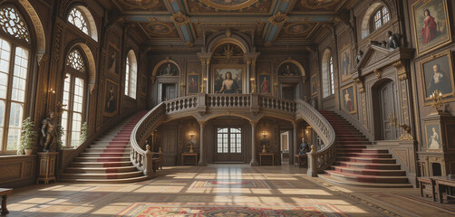 Fototapeta premium The grand entrance hall of a historic castle, with suits of armor, grand staircases, and rich tapestries.