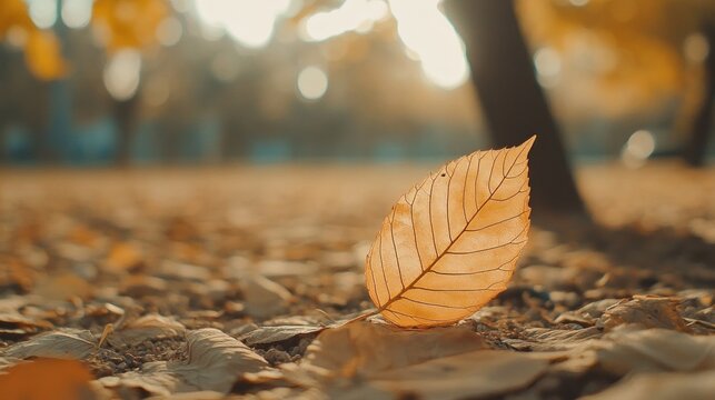 Autumn leaf on ground, park scene, sunlight, nature