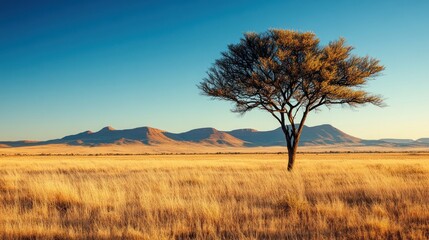 Fototapeta premium Lone acacia tree in African savanna at sunrise, mountains in background; travel poster