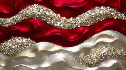 Fototapeta premium Red and Silver Abstract Waves: A captivating abstract artwork featuring a mesmerizing interplay of silver glitter and rich red and cream waves, creating a luxurious and dynamic composition.