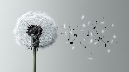 Dandelion seeds and musical notes fly, studio shot, abstract background, music concept