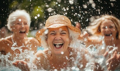 Obraz premium Joyful senior woman with friends splashing water and laughing in a swimming pool, celebrating active lifestyle and happiness in retirement, Generative AI