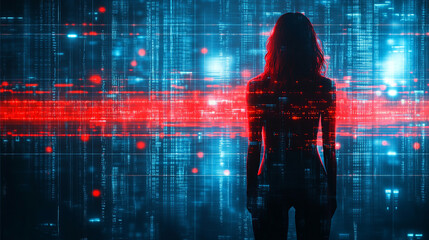 A futuristic cybernetic woman stands with her back turned, symbolizing technology, artificial intelligence, and human-machine integration, evoking mystery, power, and the evolution of digital identity