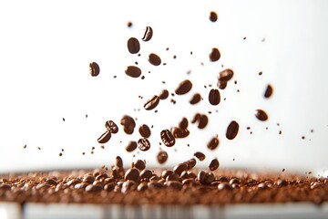 Obraz premium A vivid shot of freshly roasted coffee beans plummeting into a dark, aromatic coffee, captured in perfect HD clarity with a bright white backdrop.