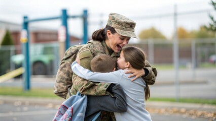 Military mom surprising kids school pickup emotional embrace Schoolyard setting playground background
