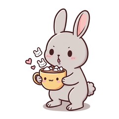 Cute Bunny with Cat Marshmallows in Hot Cocoa - Cartoon