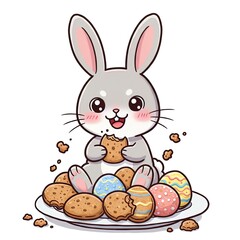 Fototapeta premium Easter Bunny Eating Cookie with Decorated Eggs - Cartoon