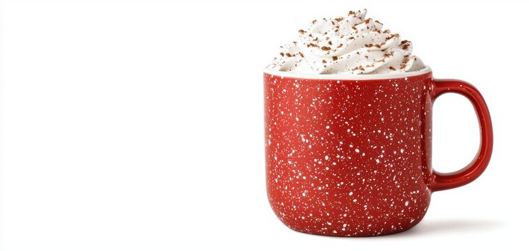 a festive mug of hot chocolate with whipped cream and cinnamon, cozy winter drink, isolated on white background