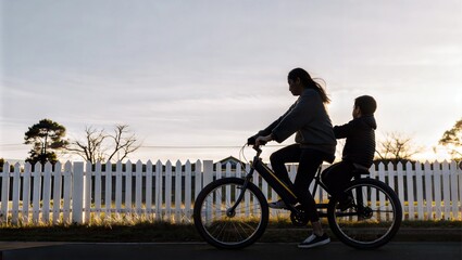Obraz premium Teen sister teach brother ride bike suburban neighborhood Goldenhour nostalgic feel childhood