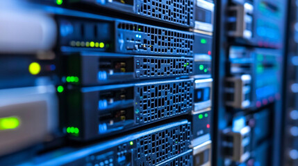 Futuristic server room with 3D storage technology, symbolizing digital advancement, data security, and innovation. Bright modern tone with blurred empty space, ideal for technology concepts and backgr
