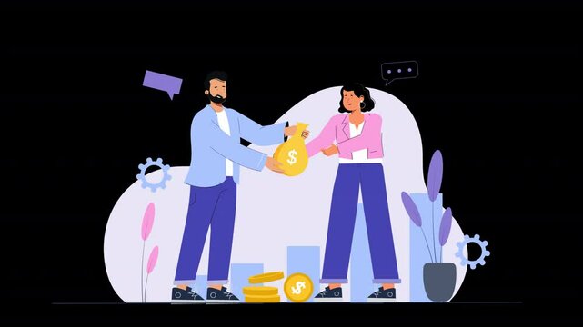 A 2D flat character animation that simplifies the concept of loan operations, showing characters navigating the steps of applying for and receiving a loan in a relatable, clear manner.