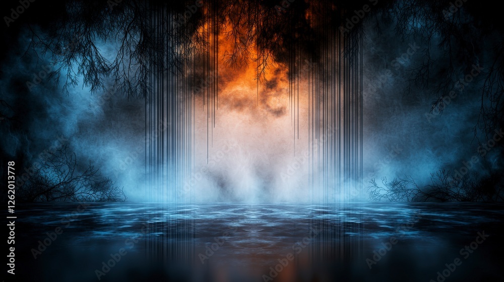 Poster vibrant parallel streaks of color at twilight serene water surface digital art mystical environment 