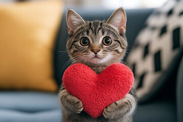 American shorthair - my beloved cat, symbol of care. Cute american shorthair baby cat with fluffy red heart at cozy homestead. Promotion animal visual idea. Valentine's day pet happiness.