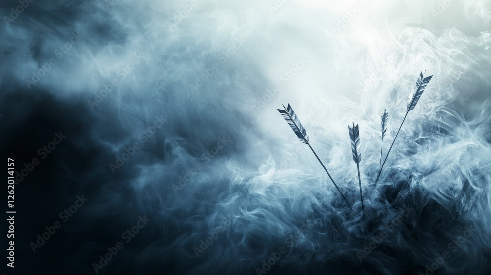 Poster dynamic arrows of light piercing through dense smoke abstract art dark atmosphere ethereal perspecti