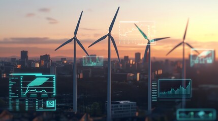 Wind turbines with digital data overlay at sunset.