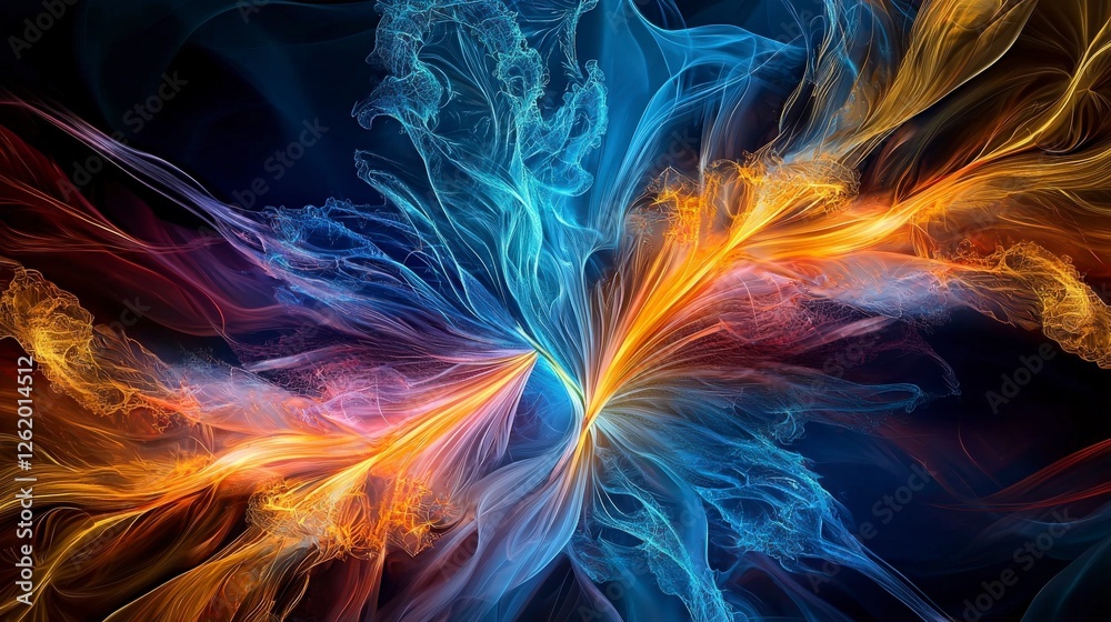 Poster Dynamic light patterns emerge from soft fog abstract art digital illustration vibrant colors conceptual scene