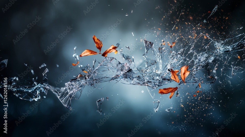 Poster shattered fragments of fragility dispersing through water abstract art indoor dynamic emotional impa