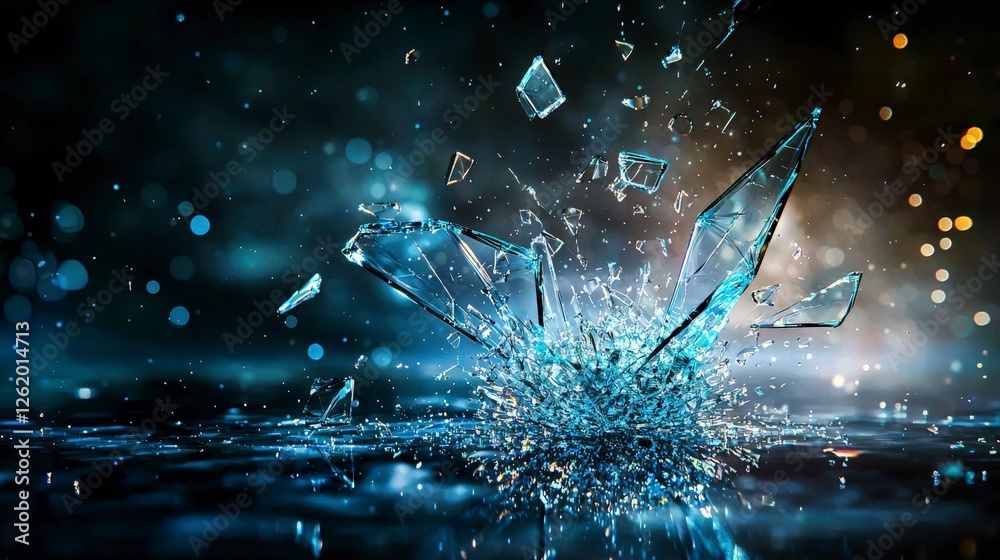 Aufkleber shattered glass fragments reflecting soft rhythmic pulses studio abstract art illuminated close-up e