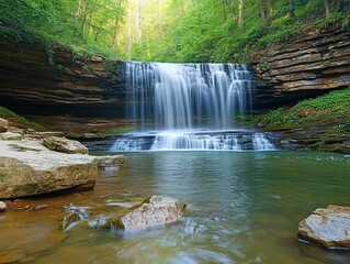 Obraz premium Serene waterfall cascading over rocks into a tranquil pool, surrounded by lush green forest.
