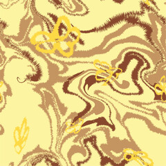 Line Weird Wavy Marble With Hand Draw Flower Seamless Pattern Vector illustration Art On Light-Yellow Background Wallpaper 