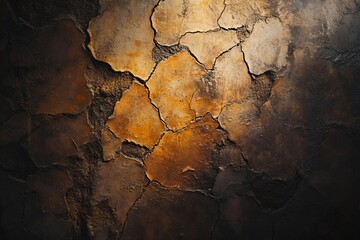 Fototapeta premium Cracked, textured wall with dark brown and orange tones, illuminated from above.