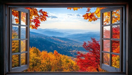 Autumnal mountain view seen through an open window with vibrant fall foliage.