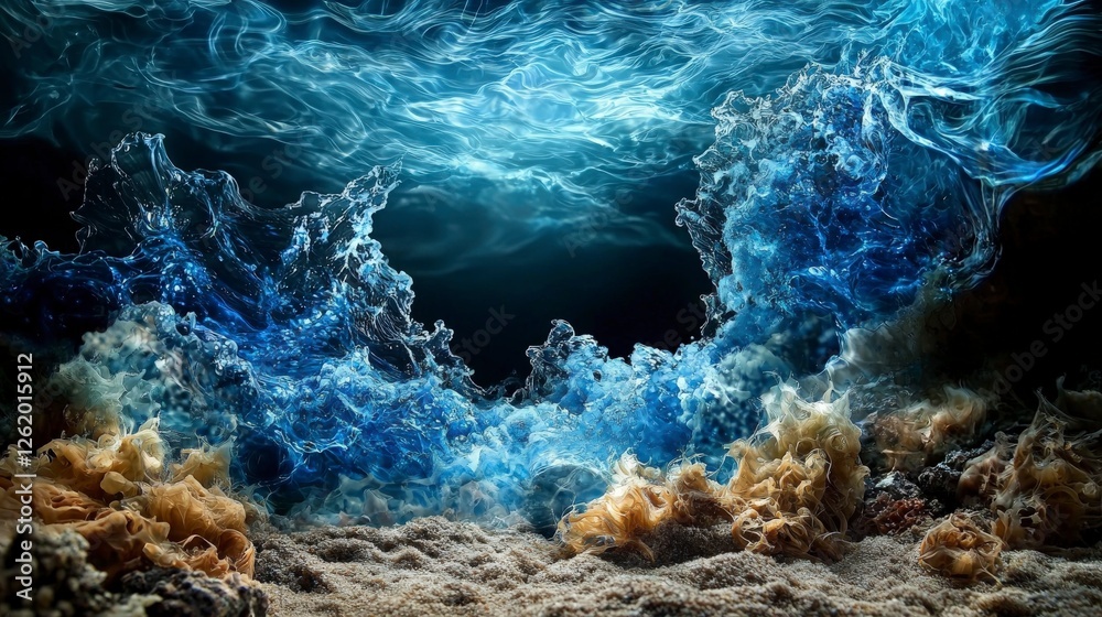 Poster translucent waves flowing through underwater landscape ocean depths abstract art mystical environmen