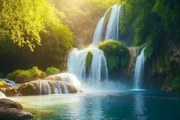 Obraz premium Majestic waterfall cascading into a serene turquoise pool, surrounded by lush green foliage in sunlight.