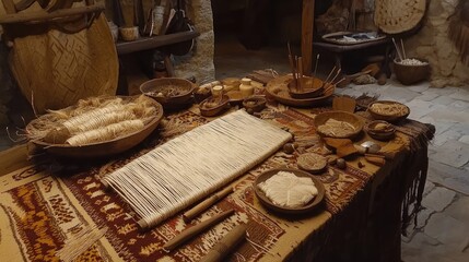 Woven textiles artisan workshop, tools and materials on table, historic craftspeople's area