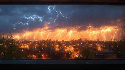Stormy city nightscape, vibrant lightning strikes.