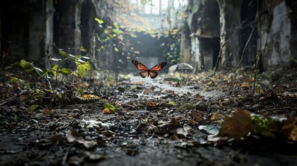 Butterfly emerges in abandoned building nature photography urban decay solitude and renewal
