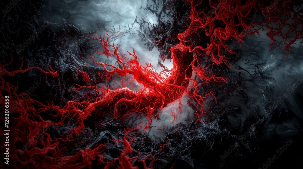 Aufkleber eerie red veins illuminate dark clouds abstract art digital space surreal atmosphere close-up unveil