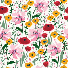 Naive art florals seamless pattern, garden, colorful  background print. Hand drawn flowers primitive design, soft bright color