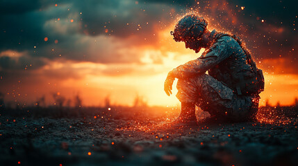A silhouette of a sad military man with PTSD, formed from falling jigsaw puzzle pieces, symbolizes fragmentation, trauma, and loss of identity Modern bright tone with empty space for text