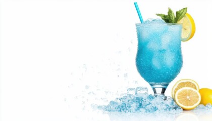 a vibrant blue lagoon cocktail with crushed ice and lemon, exotic nightlife drink, isolated on white background
