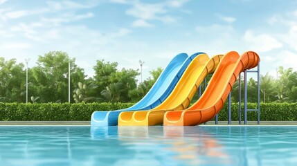 Colorful spiral slide into refreshing blue pool, summer fun for everyone vibrant